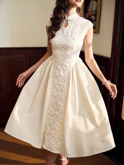 Vintamour 复古优雅女士旗袍领迷你连衣裙，中式花卉提花纹理面料，立领，短袖，褶皱拼接 A 字形休闲伞裙礼服女士连衣裙秋季女士连衣裙长裙舞会礼服白色连衣裙巡航女士服装返校节礼服秋季女装万圣节服装秋季连衣裙办公室服装女士秋季服装秋季女士服装伴娘礼服晚宴服装秋季服装生日女士服装文艺复兴礼服派对半正式礼服老钱