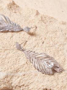 SHEIN Elegant Feather Design Rhinestone Decorated Silver-Tone Dangle Earrings - White - View 6