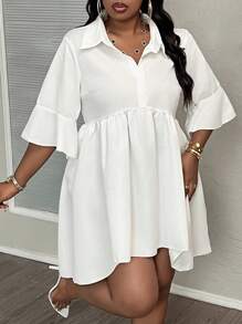 Slaydiva Plus Elegant Commuter & Daily Casual White Shirt Style Dress With Asymmetrical Hem And Half Placket For Women, Summer - White - View 4