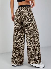 SHEIN PETITE Women's Leopard Print Woven Wide Leg Trousers - Brown - View 2