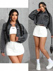 SHEIN Essnce Women Casual Frayed Hem Cropped Denim Jacket, Spring Autumn - Grey - View 2