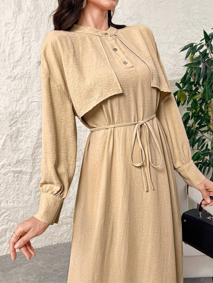 Al Najma Women's Solid Color Long Casual Dress Full Length Modest Elegant Style For Casual Daily/Work/Holiday/Evening Parties/Wedding Guest - Khaki - View 1