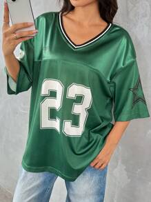 SHEIN EZwear Women's Knit Mesh Loose T-Shirt With Race Number Print - Dark Green - View 6