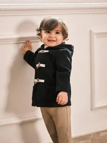 SHEIN 1 peça para bebês meninos com capuz de cor sólida com botão casual jaqueta macia roupa de manga comprida, adequada para brincadeiras ao ar livre de outono e inverno, férias, uso casual diário - Azul - Ver 4