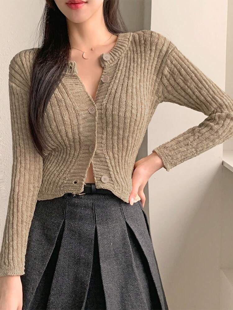 Women Spring Autumn Casual Solid Color Cropped Cardigan