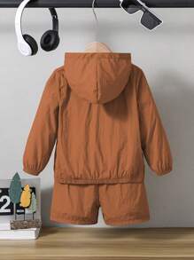 SHEIN Explorewe 2 件套年轻男孩休闲简约连帽夹克和短裤套装，适合学校、运动、春季、夏季、秋季 - 棕色 - 查看 2