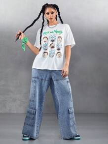 Rick and Morty X SHEIN FALL Multiverse White Loose Shoulder Portrait Print T-Shirt