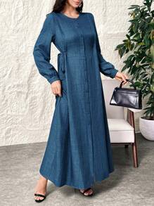 Al Najma Váy Maxi Ả Rập tay đèn lồng màu trơn giản dị mùa xuân & mùa hè dài vừa phải, tay dài, phong cách thanh lịch, thích hợp mặc hàng ngày/đi làm/ngày lễ/tiệc tối/khách dự tiệc cưới - Màu xanh lam - Xem 8