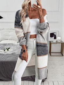 EMERY ROSE Multi-Color Patchwork Casual Loose Dual Pocket Long Cardigan For Women,Long Sleeve Tops Fall Winter Cloth For Women - Multicolor - View 6