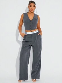 SHEIN SXY Women Contrast Color Waist Pocket Pleated Loose Suit Pants High Waisted Pants