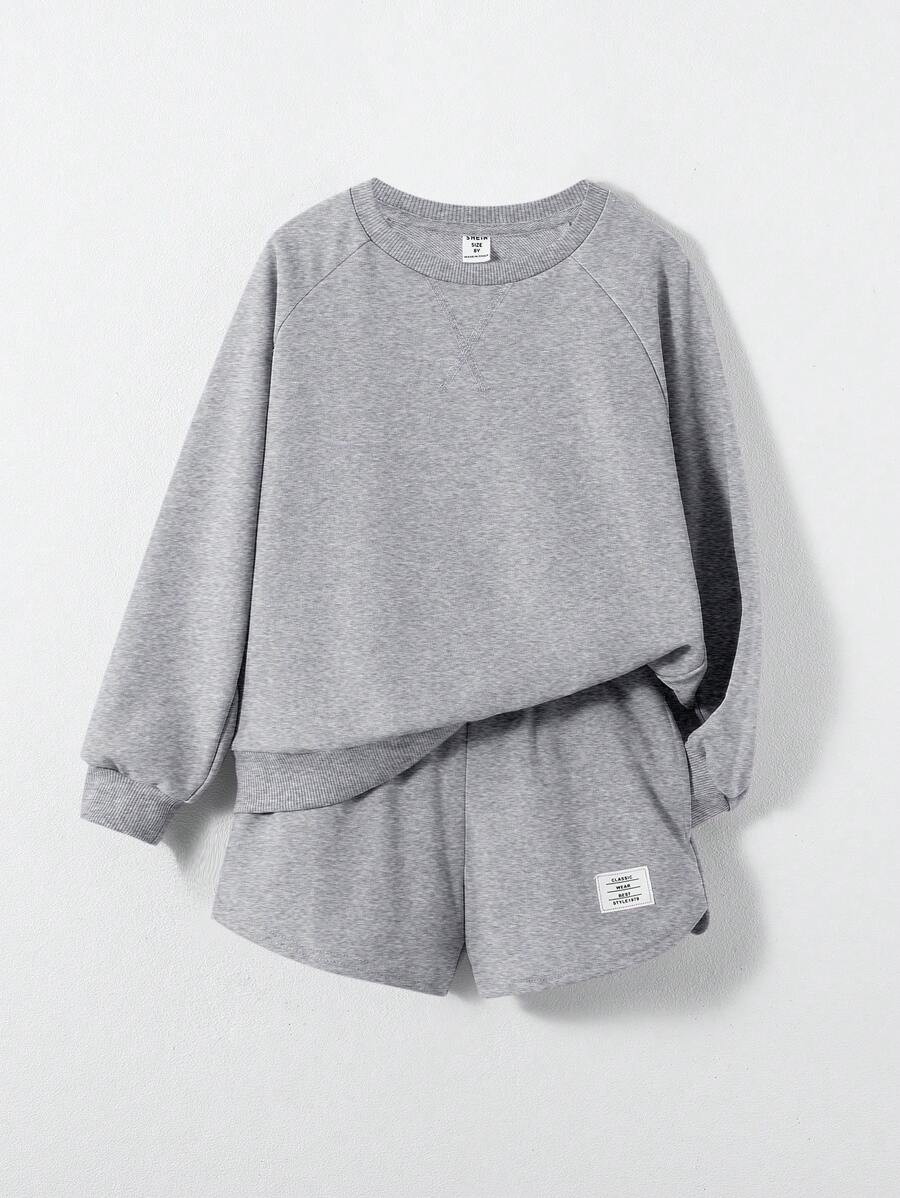 SHEIN 2 件 Tween 女童纯色针织运动衫和短裤休闲套装 - 淺灰色 - 查看 1