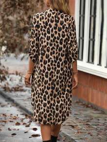Plus Size Women Loose Leopard Print Shirt Collar Long Sleeve Dress, Casual Comfortable Vacation Style, Fashionable Romantic Elegant Autumn Dress, Suitable For Valentine's Day, New Year - Multicolor - View 2