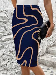 SHEIN Clasi Chân Váy Midi Nữ Dài In Họa Tiết Ngẫu Nhiên Thích Hợp Cho Mùa Hè - Màu xanh hải quân - Xem 3