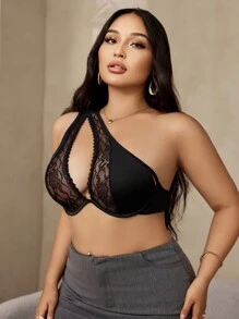 Snug Zone Plus Size Solid Color Contrast Lace Hollow Out Wireless Bra Lingerie - Black - View 3