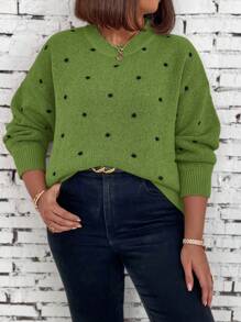 EMERY ROSE 大码圆领长袖波尔卡圆点图案简约毛衣，休闲日常穿着，适合感恩节、冬季