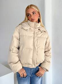 SHEIN EZwear Áo khoác thường ngày dài tay có khóa kéo màu trơn - Màu be - Xem 4