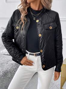 SHEIN Clasi Solid Color Button Front Long Sleeve Casual Padded Coat, Autumn/Winter Winter Women Coat - Multicolor - View 8