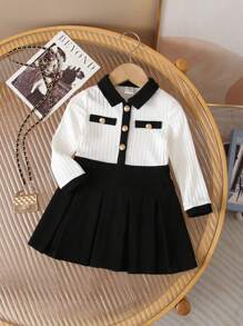 Baby Girl's Adorable Knitted Colorblock Metal Button Collar Pleated Long Sleeve Dress - Black and White - View 1