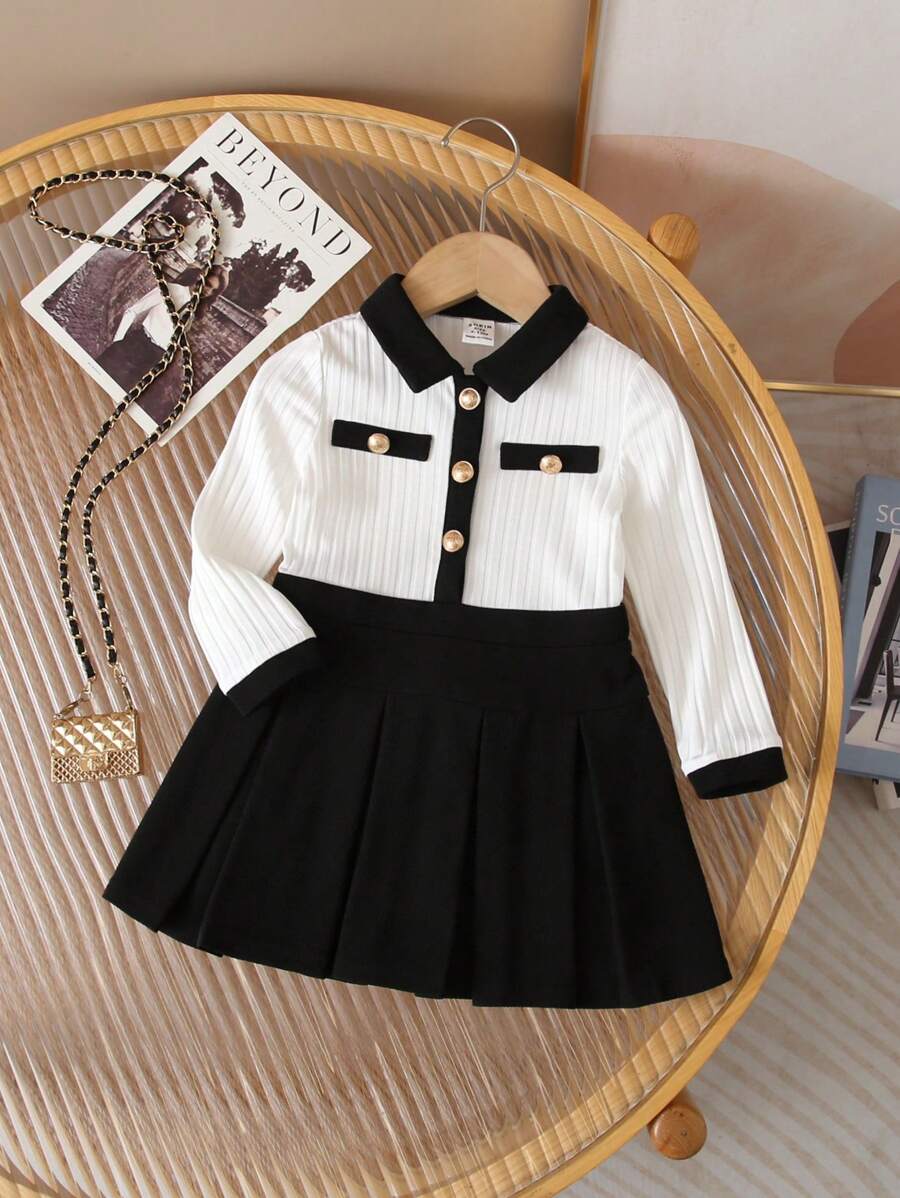 Baby Girl's Adorable Knitted Colorblock Metal Button Collar Pleated Long Sleeve Dress - Black and White - View 1