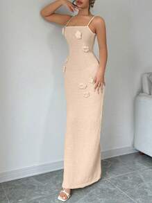 Chiquease Váy len dài trang trí hoa 3D Cami Bodycon cho kỳ nghỉ - Màu Khaki - Xem 3