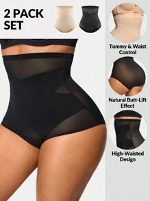 SHAPORA 2 Packs Shaping High Waisted Mesh Brief Shapewear Bottom Body Shaper Butt Lifter-Tummy Waist Control - Multicolor - View 1