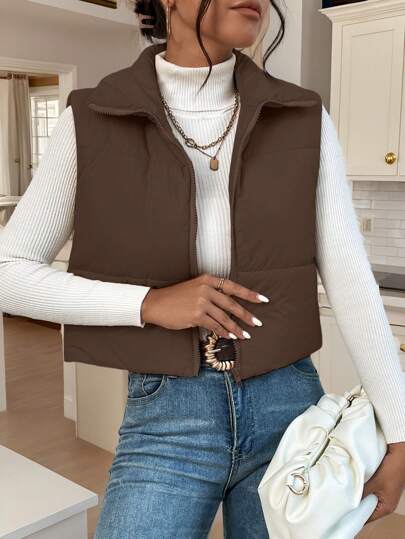 SHEIN Frenchy Chaqueta casual de invierno sin mangas con cierre delantero de unicolor para mujer