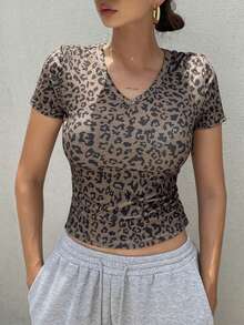 DAZY Women's All-Over Print V-Neck Short Sleeve T-Shirt, Summer Tee - Brown - View 6