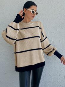 EURMUSE Striped Drop Shoulder Sweater - Beige - View 3