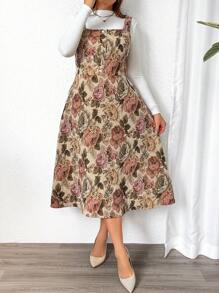 Flirla Đầm Maxi Pinafore cổ vuông có hoa mùa hè dành cho nữ cỡ lớn - Cà phê nâu - Xem 4