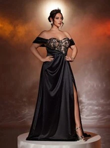 Glamrae 加大码黑色蕾丝拼接弹力缎面露肩高开衩扭结性感透明罂粟花风格正式礼服，优雅舞会晚礼服，适合婚礼宾客、毕业典礼、晚宴派对礼服 - 黑色 - 查看 3