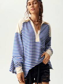 Bohemela Camiseta de manga larga holgada con escote delantero abierto, de punto a rayas azules y blancas, con bajo asimétrico, para mujer, otoño