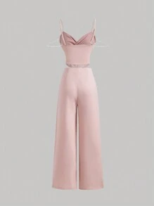 SHEIN MOD Bộ đồ mùa hè cho nữ có dây đeo ngọc trai giả, cúp ngực chồng lên nhau, áo Bustier & quần ống rộng cạp cao, bộ đồ phong cách Old Money, bộ đồ công sở thường ngày cho giáo viên/trường học, bộ đồ cho nữ mùa thu/đông, bộ đồ Bridgerton, bộ đồ cưới - Hồng - Xem 2