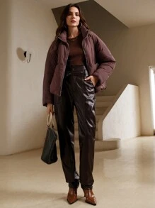 Anewsta 女士冬季纯色立领休闲简约短款棉服外套 - 酒紅色 - 查看 4