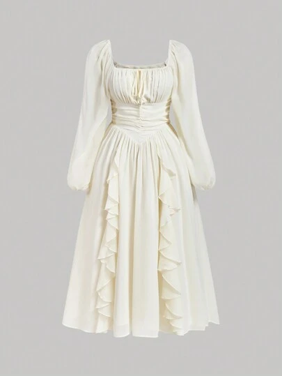 SHEIN MOD Plus Size Dam Aprikosfärg Rufsig Lantern Sleeve Dress,Höstklänningar för kvinnor, Kläder,Renässansmässa,Hemkomstklänningar,Höstens bröllopsgästklänning,Brunchklänning för kvinnor,Piratklänning,Höstklänning för kvinnor,Klänning för examen