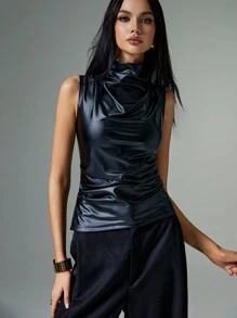 Poéselle 女式高领无袖 PU 皮革垂坠上衣，秋冬必备，轻松时尚必备，外出上衣 24 FW - 黑色 - 查看 5