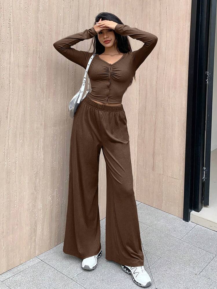 2pcs Women's Ruched Slim Fit Long Sleeve Blouse And Straight Loose Fit Pants Set,Fall Clothes Lounge Sets For Women