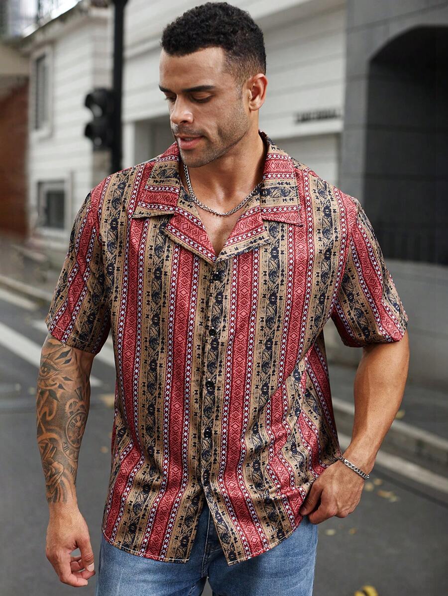 Manfinity Homme 大码全印花前扣夏季短袖衬衫 - 彩色 - 查看 1