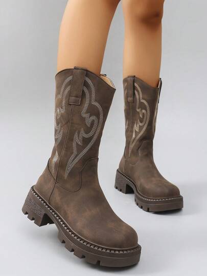 Fairycore Damen Mode Stiefel mit dicker Sohle, Retro Stiefel bis zur Mitte des Knöchels, Dicke Sohle für Herbst und Winter, Urlaub, Lässig und Alltag