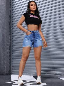 SHEIN EZwear Quần short denim nữ có túi rách viền thường ngày - Rửa trung bình - Xem 4