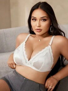 SHEIN Romantic Soft Shiny Plus Size Wireless Triangle Bra - White - View 3