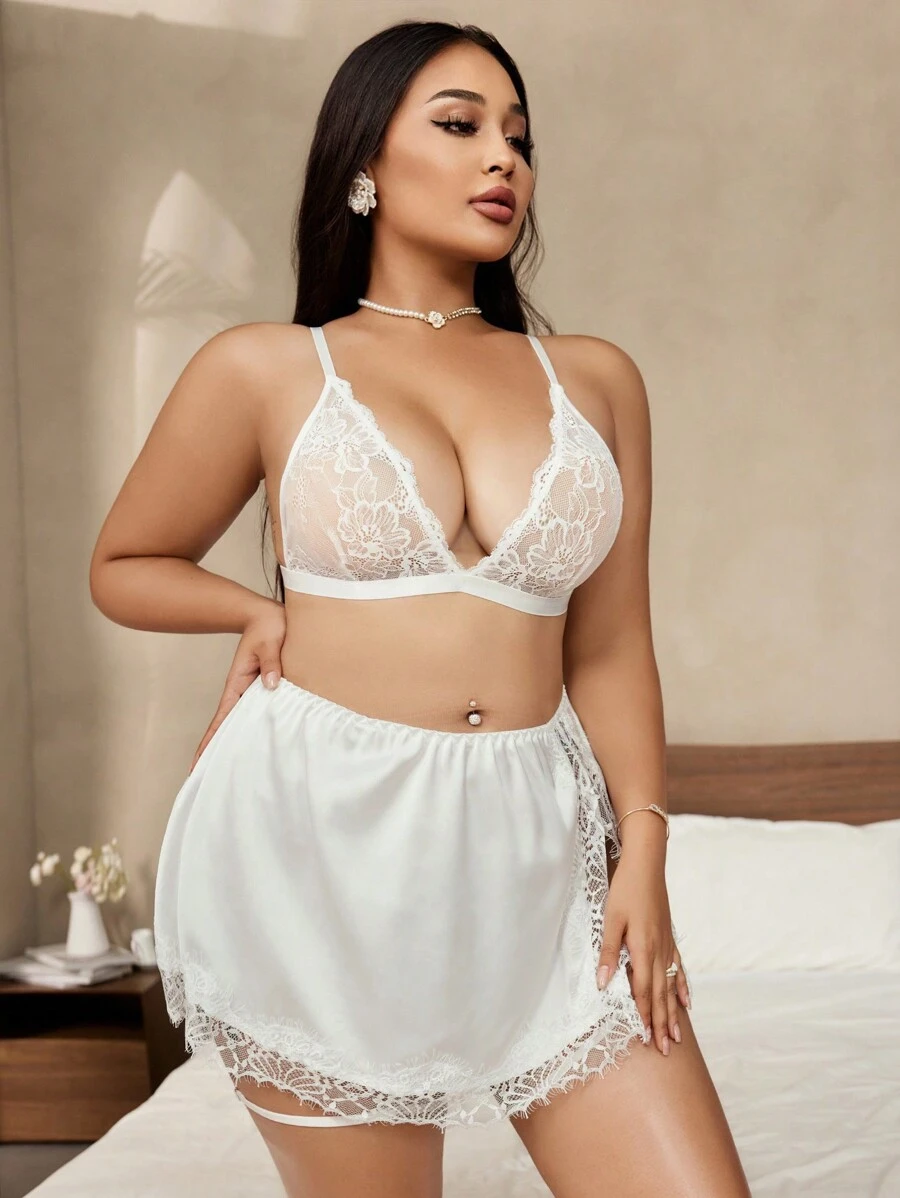 SHEIN 4pcs Plus Size Sexy Lingerie Set With Lace Patchwork - White - View 1