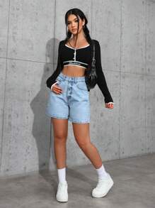 SHEIN ICON 女士休闲洗水牛仔短裤，夏季 - 中等水洗藍 - 查看 6