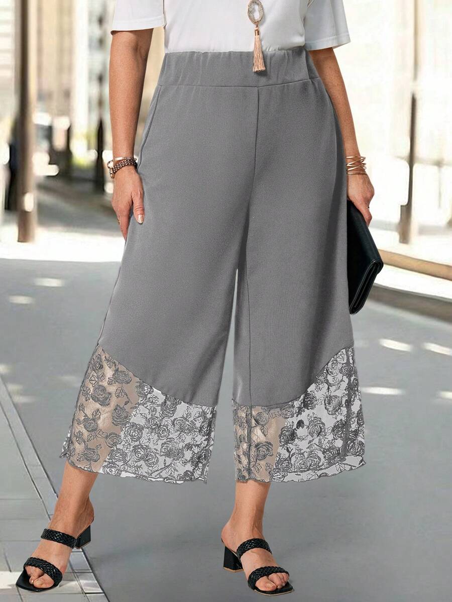 EMERY ROSE 大码撞色蕾丝拼布阔腿休闲裤