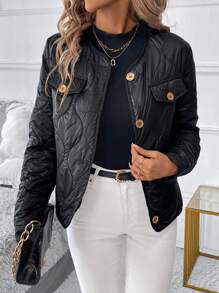 SHEIN Clasi Solid Color Button Front Long Sleeve Casual Padded Coat, Autumn/Winter Winter Women Coat - Multicolor - View 3