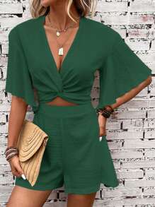 SHEIN Clasi 扭纹前蝴蝶袖短款上衣 & 短裤两件套 - 墨綠色 - 查看 3
