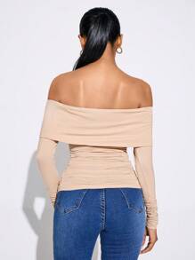 SHEIN SXY Damenkleidung, einfarbig, schulterfrei, gerüscht, langärmelig, T-Shirts, Ausgehoberteil für den Herbst - Khaki - Übersicht 2