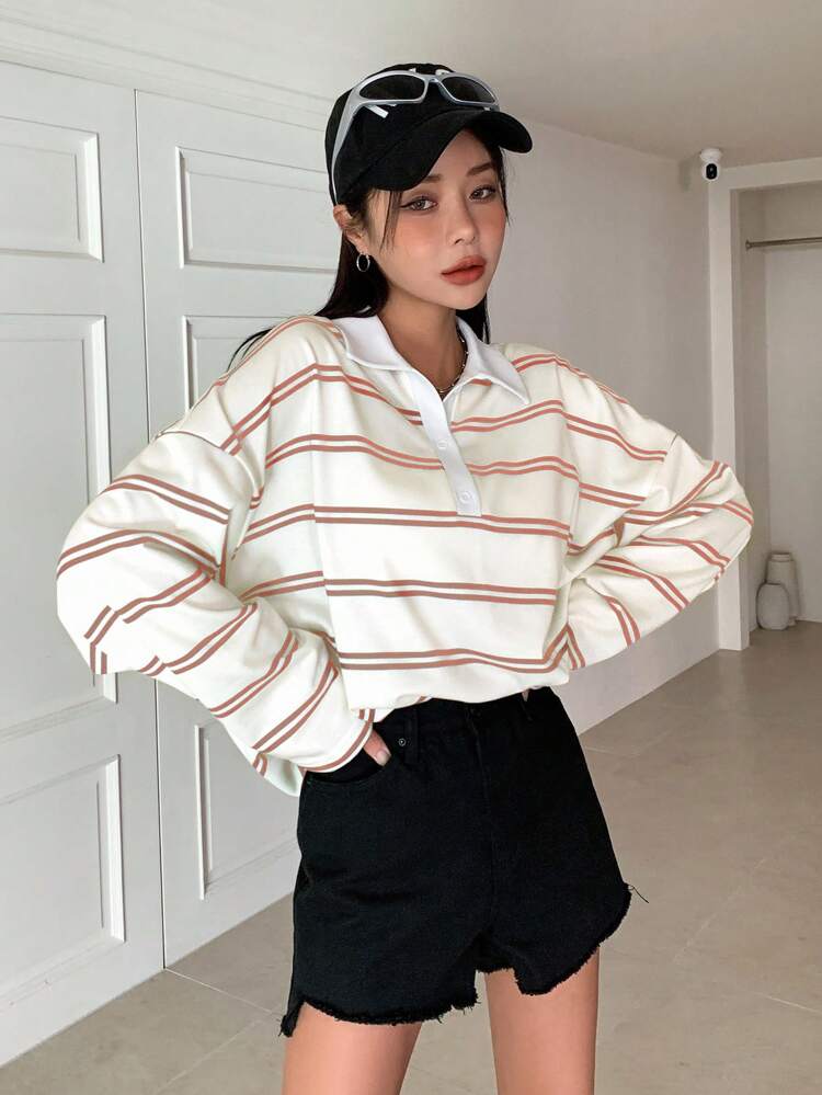 Camiseta Solta Listrada em Bloco de Cores para Mulheres, Roupas de Outono Manga Longa Tops Femininos