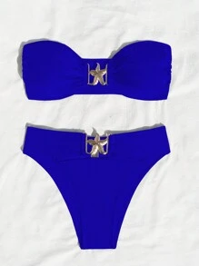 Swim SXY Conjunto de bikini de 2 piezas con Bottom decorada con estrellas de mar y parte superior tipo bandeau sin espalda, traje de baño para verano y playa