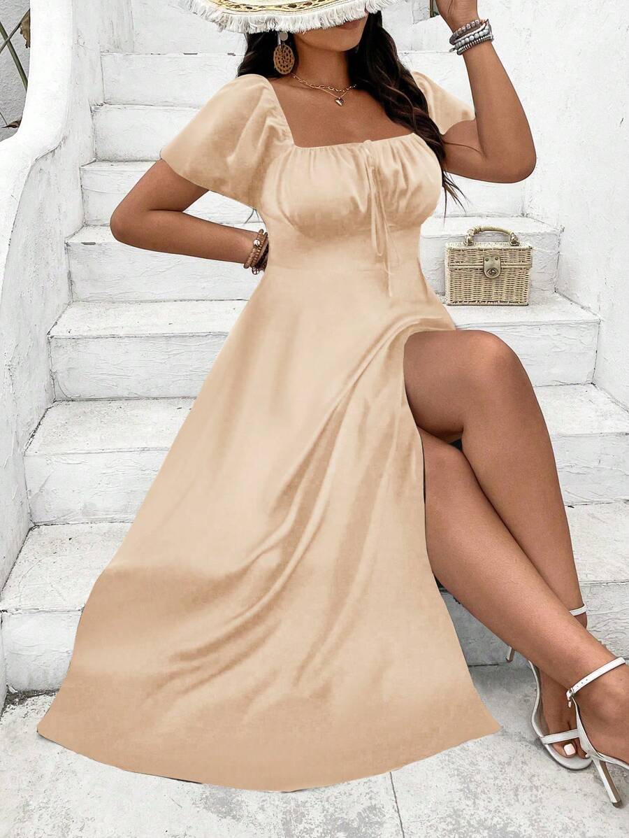 SHEIN Clasi Vestido casual con cuello cuadrado, manga corta, cintura con lazo y bajo con abertura para talla grande - Albaricoque - Ver 1