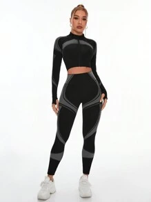 Easithlete Áo khoác yoga liền mạch và quần legging & Bộ đồ thể thao bó màu tập luyện cho nữ Bộ đồ tập luyện cho nữ Bộ quần legging cho nữ - màu đen - Xem 3